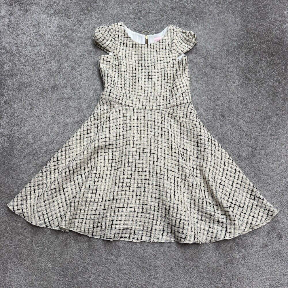 Zoe LTD Tweed A-Line Fit & Flare Dress Girls 14 Beige Black Plaid Cap Sleeve